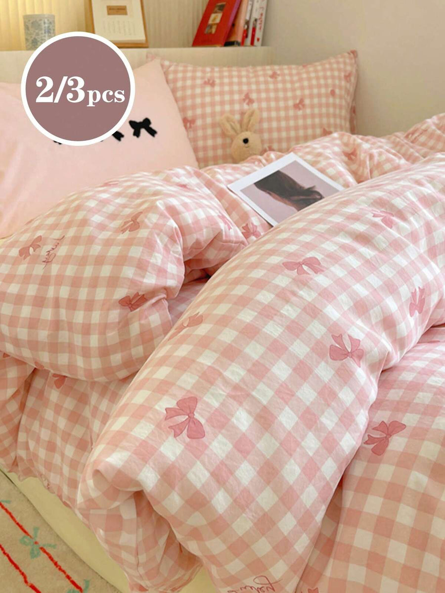 2/3pcs Pink Bow & Pink Plaid Pattern, Ultra Soft, Sweet & Cute, Suitable For Women's Dorm Decor, Washed Matte Duvet Cover & Pillowcase Set, Twin XL Bedding, Dorm Bedding Set, Spring/Summer Style, Twin/Full/Queen Size Available